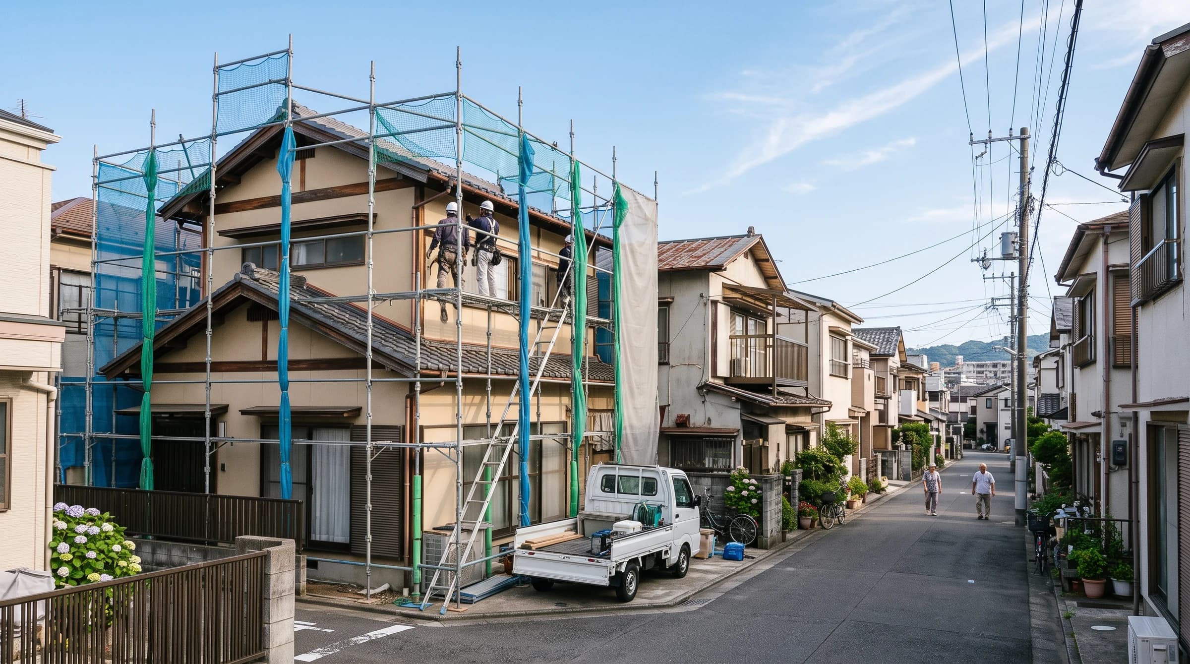 成田市内の住宅街の外壁リフォーム現場