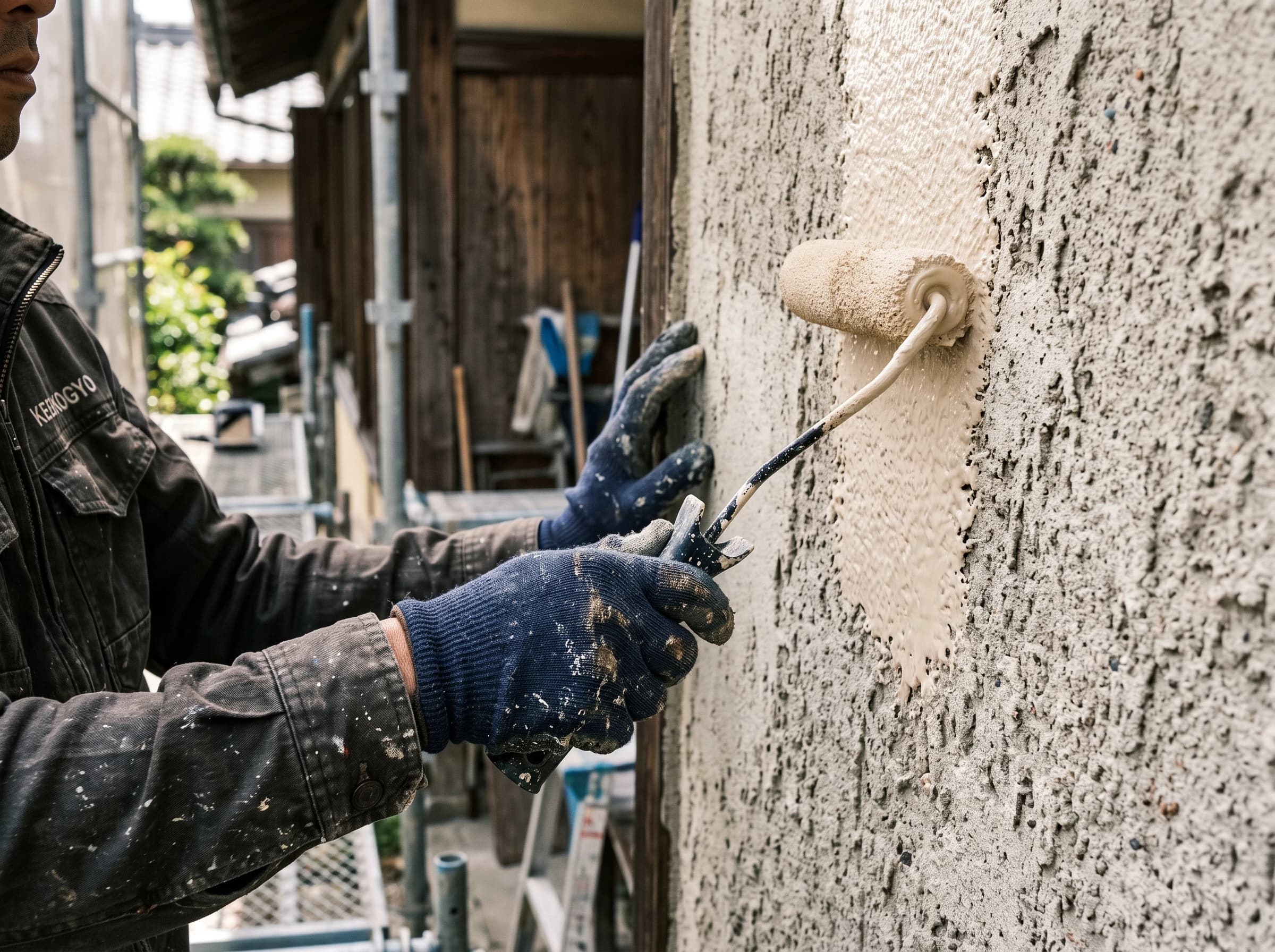 外壁塗装をローラーで施工する職人の手元